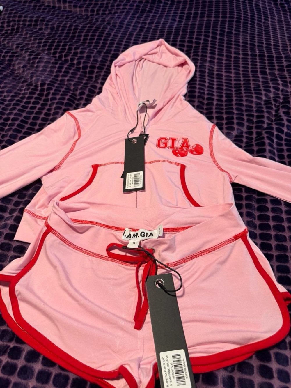GIA Pink Hooded Shorts Pajama Set with Red Trim